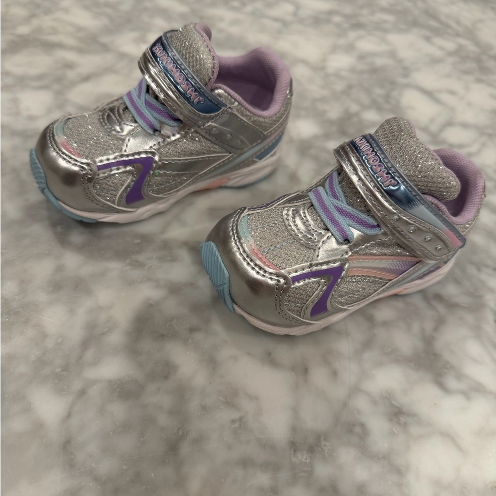 Tsukihoshi Silver Glitter Kids Sneakers with Purple and Light Blue Accents
